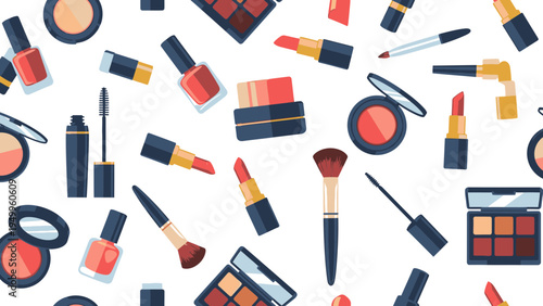 Seamless Pattern of Makeup and Cosmetics Vector Illustration, Flat Design Style, Beauty and Fashion Theme for Backgrounds and Packaging