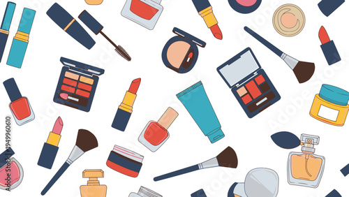 Seamless Pattern of Cosmetic Products Vector Illustration, Makeup and Beauty Items Flat Design, Ideal for Beauty Bloggers and Fashion Brands