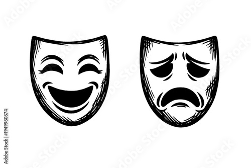 A hand-drawn illustration of classic comedy and tragedy theater masks