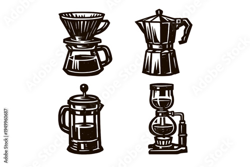 A collection of four hand-drawn black and white illustrations of