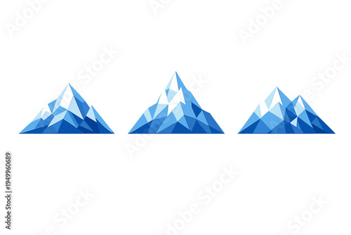 Three geometric low-poly mountain icons with blue and white