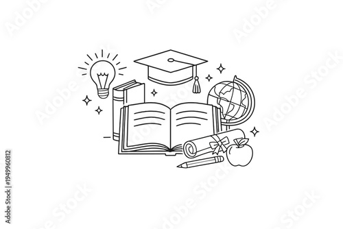 A black and white line art illustration featuring various education