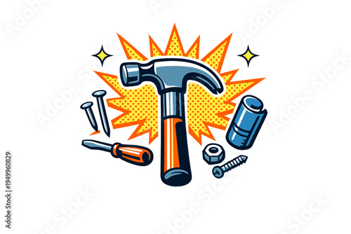 A comic book style illustration of a hammer, screwdriver, nails, and