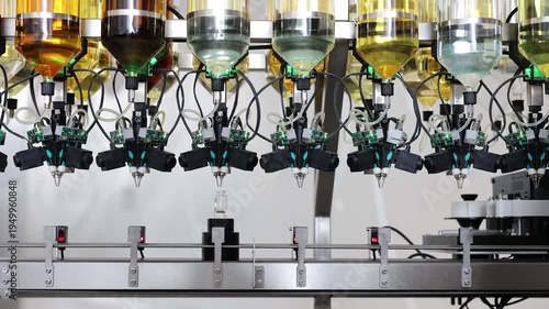 Automated fragrance filling machine in perfumery factory. Product line for perfume bottles.