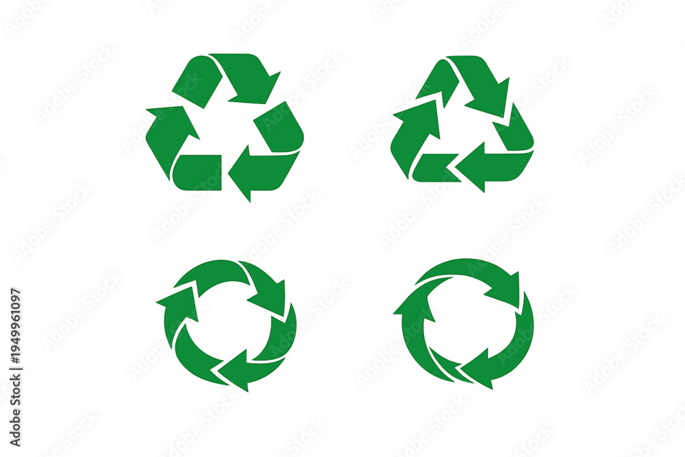 Fototapeta premium A set of four green recycling symbols in triangular and circular