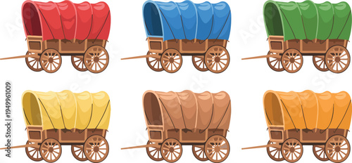 Colorful collection of covered wagons isolated on white background representing historical transportation, pioneer life, and western travel vector illustration