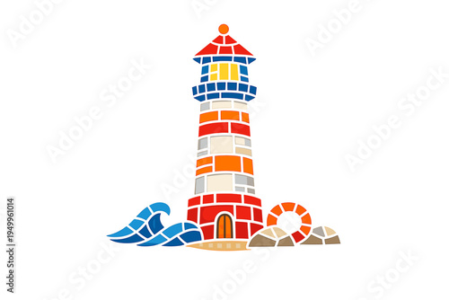 Colorful mosaic style illustration of a lighthouse with red and white