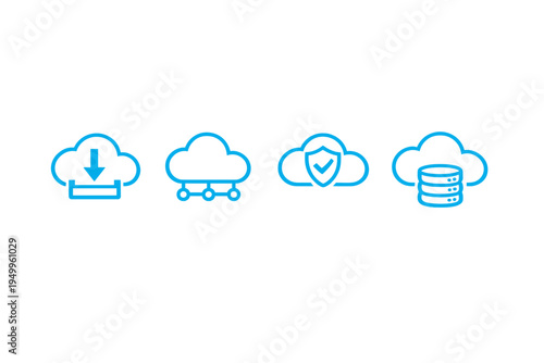 A set of four blue line icons representing cloud computing services