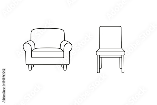 A set of minimalist line art icons featuring an armchair and a side