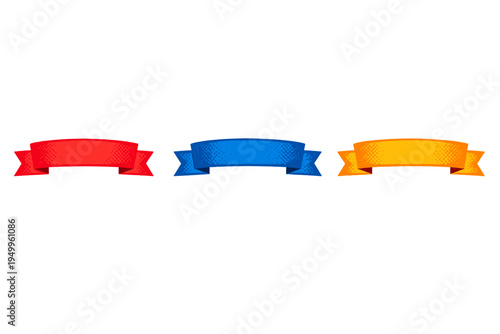 A set of three curved ribbon banners in red, blue, and yellow colors