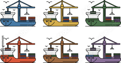 Colorful illustration of container ships and port cranes in a busy harbor representing shipping, logistics, and maritime transport vector art