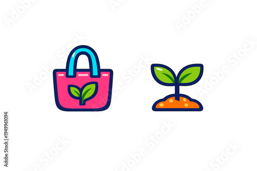 This vector set includes a pink eco-friendly tote bag with a leaf