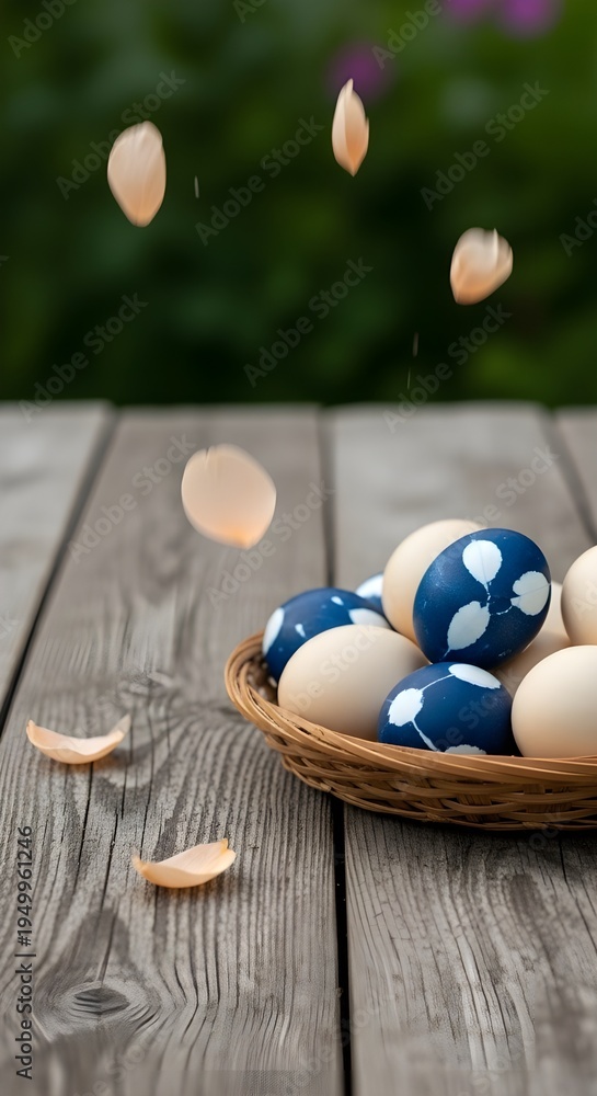 Obraz premium Blue and white eggs arranged in a small nest on a wooden table, captured mid-motion as one egg drops, adding dynamic energy to a calm composition.