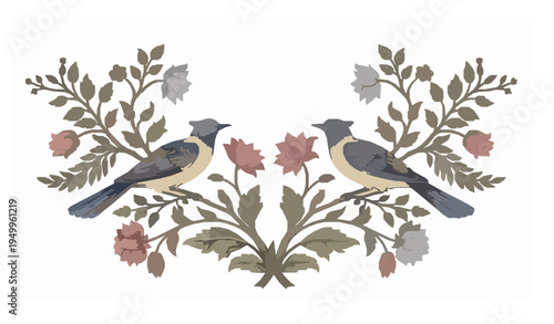 Mughal Mural Birds and Floral Branch Wallpaper Vector Illustration