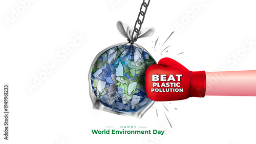 Vector illustration of Earth, waste Plastic, bag, hand cleaning, care, beating, punching, removing. Earth day and environment protection theme concept design.