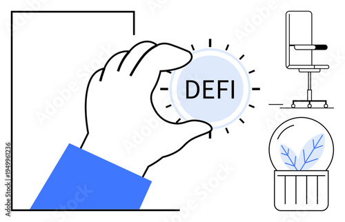 Decentralized finance, blockchain, cryptocurrency, futuristic technology, innovation, fintech. Hand holding DEFI coin, chair and plant in technical style. Decentralized finance and blockchain