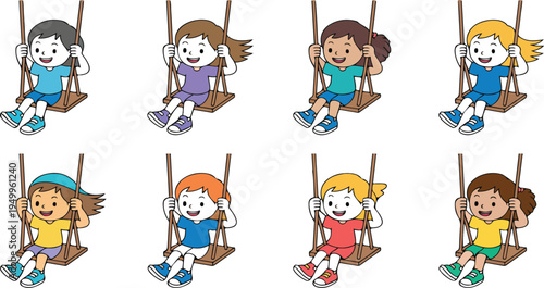 Children enjoying swings in a playful, colorful cartoon illustration depicting fun outdoor activity, playground joy, and happy childhood moments