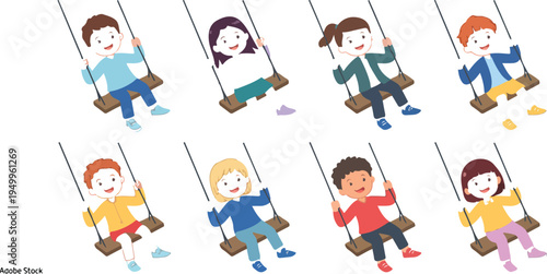 Children enjoying swings in a playful, colorful cartoon illustration depicting fun outdoor activity, playground joy, and happy childhood moments