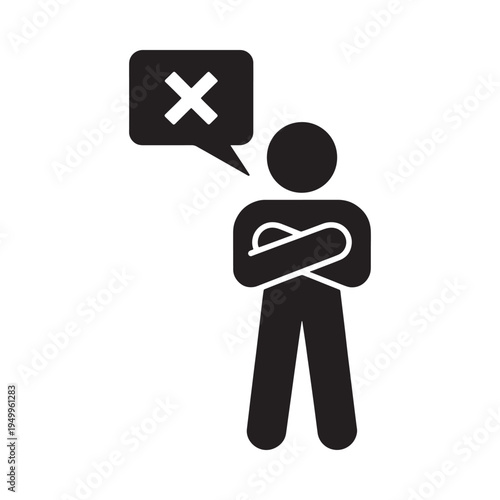 Silhouette of a person with crossed arms and a rejection symbol