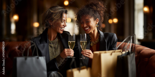 Elegant women toasting with bubbly during sophisticated boutique opening celebration