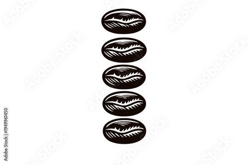 A vertical stack of five stylized coffee beans in a black and white