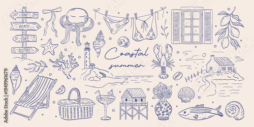 Set of line art sketch coastal summer illustrations. Whimsical sea doodle elements. Hand-drawn beach, seashells, lighthouse, basket, cocktail, hat drawings. Vintage travel vector silhouettes