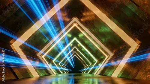 Futuristic tunnel with glowing diamond frames on rock wall