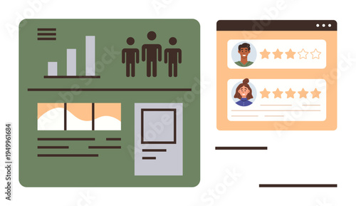 Data analysis, user feedback, customer experience, online reviews, business performance, digital marketing. Graphs, user icons and ratings in a green and orange interface design. User feedback