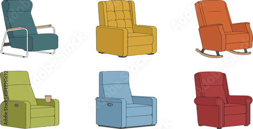 Collection of colorful modern recliners and rocking chairs in various styles showcasing comfort, interior design, and contemporary furniture vector illustration