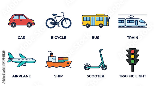 Authentic transport vector icon set featuring car, bicycle, bus, train, airplane, ship, scooter, and traffic light in flat color style on white background for catalog expansion