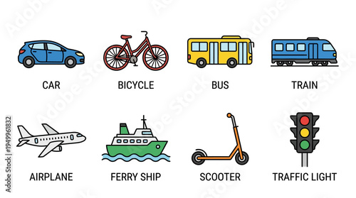 Authentic transport vector icon set featuring car, bicycle, bus, train, airplane, ship, scooter, and traffic light in flat color style on white background for catalog expansion