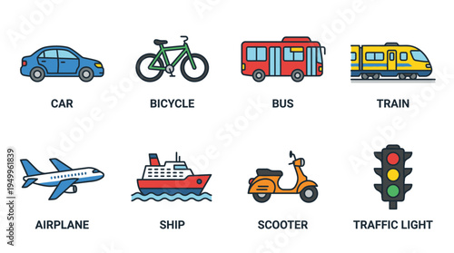 Authentic transport vector icon set featuring car, bicycle, bus, train, airplane, ship, scooter, and traffic light in flat color style on white background for catalog expansion