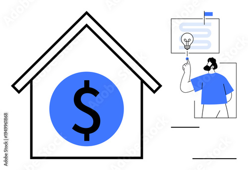 Financial planning, real estate investment, budget management, savings plan, goal setting, personal finance, business strategy. House with dollar icon and person holding a lightbulb. Financial