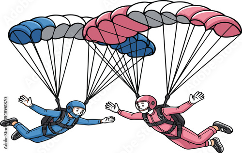 Two skydivers descending with colorful parachutes in a playful cartoon illustration depicting adventure, extreme sports, and outdoor fun vector art