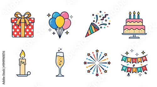 Authentic festive vector icon set featuring gift box, balloon, confetti popper, birthday cake, candle, champagne glass, fireworks, and decorative banner in flat color style on white background