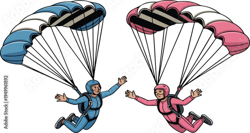 Two skydivers descending with colorful parachutes in a playful cartoon illustration depicting adventure, extreme sports, and outdoor fun vector art