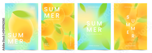 Summer poster set with fresh lemons and green leaves on turquoise gradient in trendy soft blur style. Minimalist vector templates for aesthetic seasonal decor, flyers, cover and social media