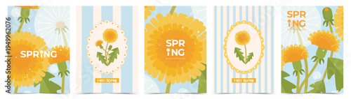 Yellow dandelion spring poster or greeting card set with blooming flowers, fluffy seeds and striped backgrounds in hand drawn style. Floral vector templates for Mother's Day, May Day, birthday