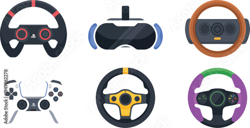 Collection of colorful steering wheels and gaming controllers flat vector icons representing video games, racing, and interactive entertainment