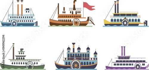 Colorful illustration depicting a collection of vintage paddlewheel riverboats showcasing historic steamships, river travel, and classic maritime scenes vector art