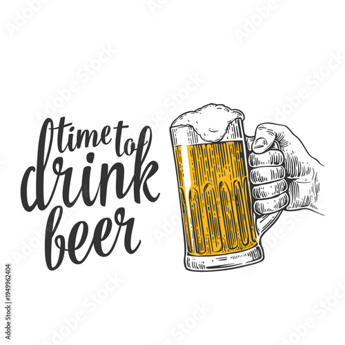 vintage engraved style illustration of a mug filled with beer, accompanied by decorative text