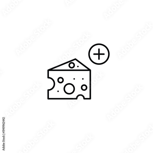 Block of cheese and plus symbol. Add topping, new groceries. Pixel perfect, editable stroke vector icon