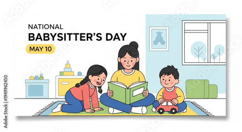 Babysitter reading to children on national babysitter's day may 10 in a cozy living room with toys and books