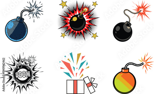 April Fool theme with colorful bombs and explosions in a playful, cartoon-style illustration