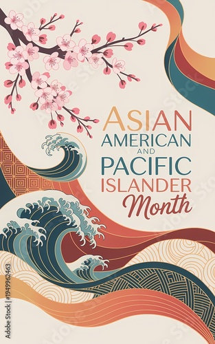 Asian American and Pacific Islander Month poster with cherry blossoms waves and flowing ribbons