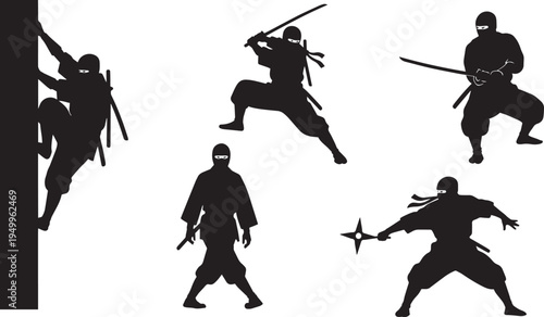 Japanese Ninja Silhouette Vector Set Featuring Shinobi Warriors with Katana Swords Shuriken and Stealth Climbing Poses