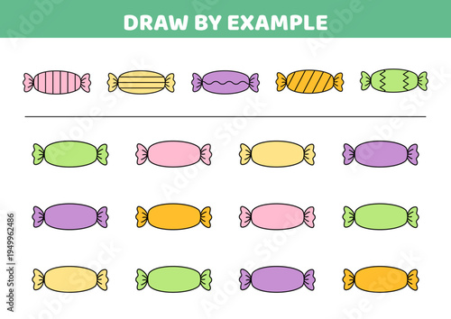 Draw by example. Candies. Visual perception game for kids. Isolated vector illustration eps 10
