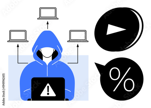 Cybersecurity, data breaches, online risks, identity theft, hacking, digital security. A hacker in a hoodie with multiple devices and symbolic icons. Cybersecurity and data breaches concept