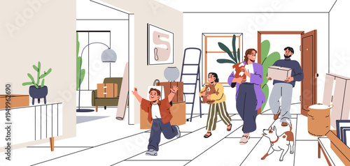 Moving into new house. Happy family entering home interior. Parents and kids with boxes, plant and dog pet. Mother, father and children in relocation to apartment. Flat vector illustration