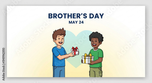Brothers exchanging gifts on brother's day may 24 heart background illustration